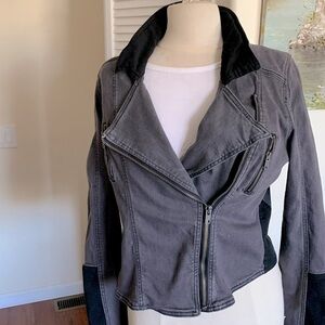 Gray Jean Jacket with Asymmetrical Zipper and Wide Lapel Collar